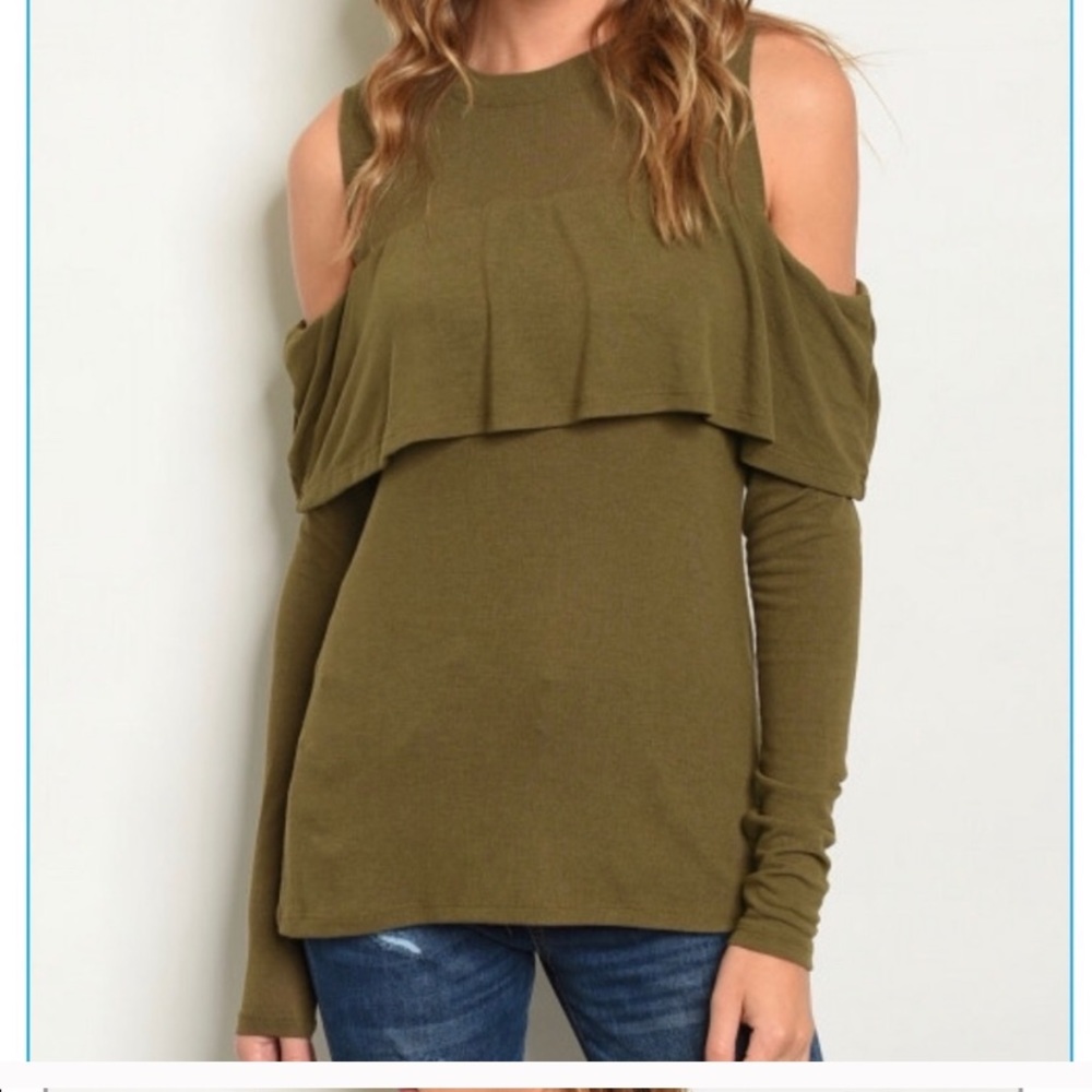 Green Cold Shoulder Long Sleeve Ruffle Top Olive